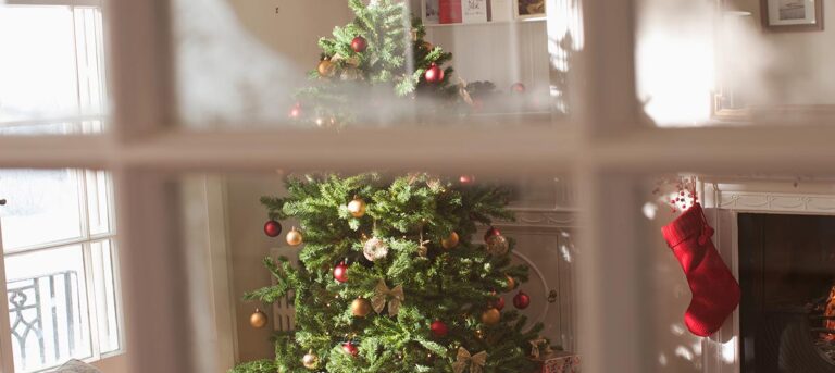 A beautifully decorated Christmas tree partially visible through a window, showcasing festive lights. Remember holiday decorations fire safety to keep your home safe.